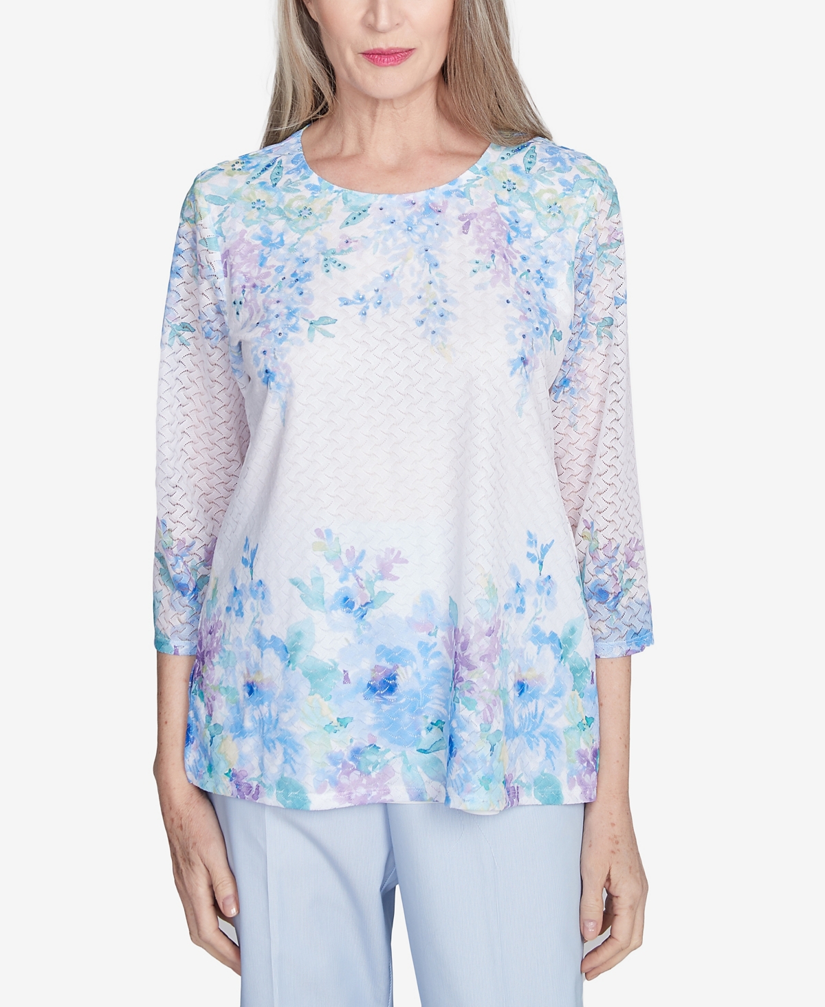 Alfred Dunner Plus Size St. Thomas Textured Sky Blue Floral Border Top In Multi