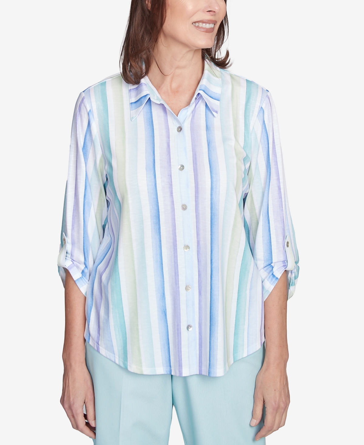 Shop Alfred Dunner Women's St. Thomas Island Mint Stripe Knit Collared Neck Top In Mint Multi