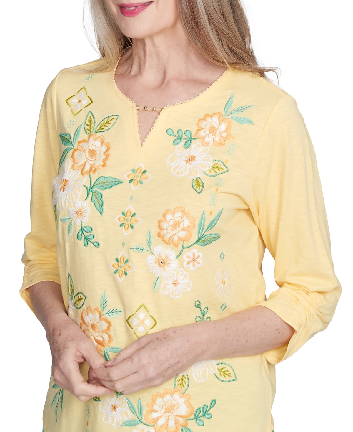 Alfred Dunner Petite Rise Shine Sunny Floral Embroidered Split Neck Top In Green