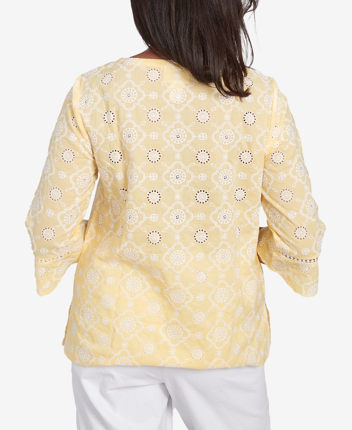 Alfred Dunner Petite Rise Shine Embroidered Floral Eyelet Bell Sleeve Top In Lemon