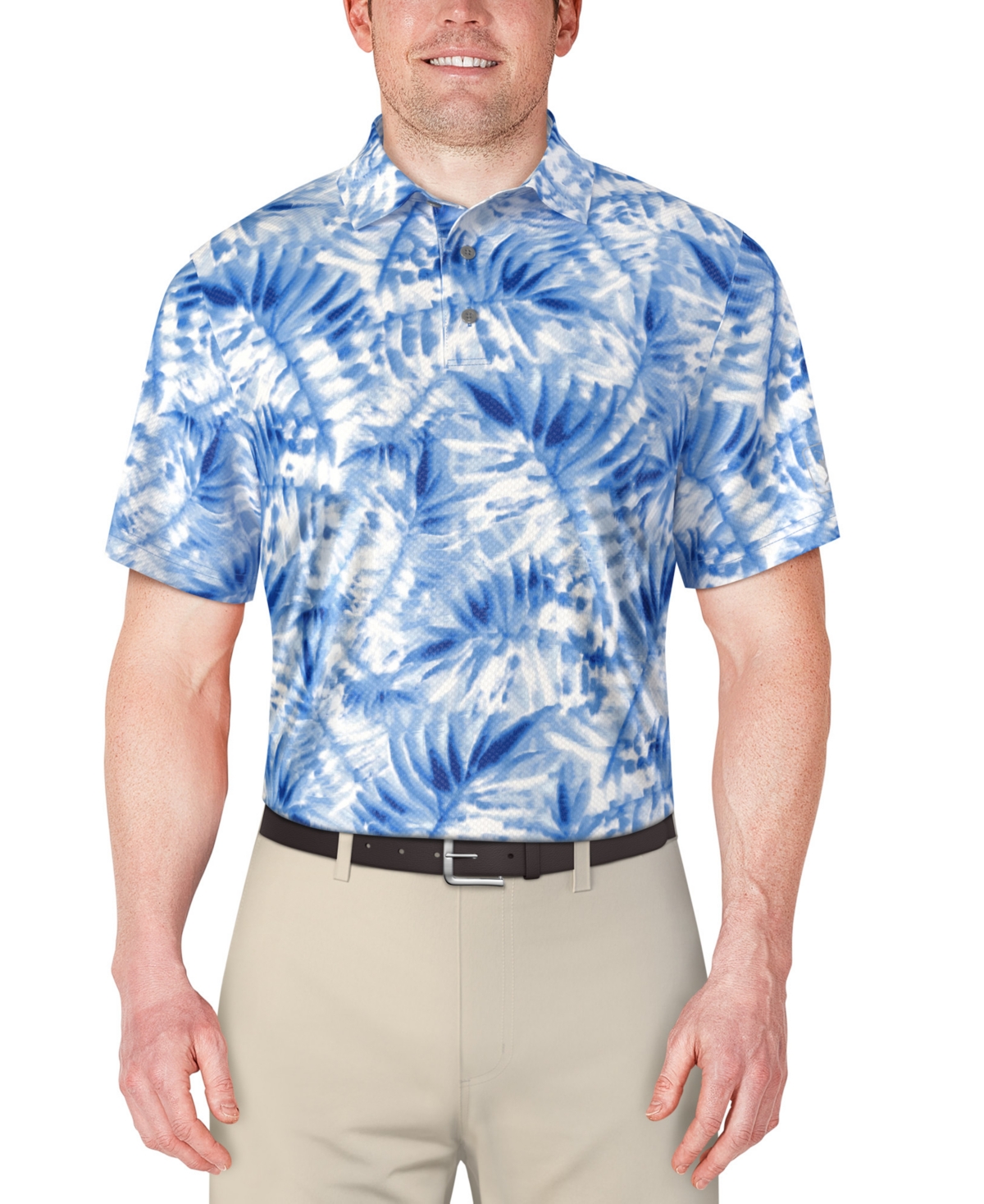 Men's Tropical Leaf-Print Polo Shirt - Princess Blue