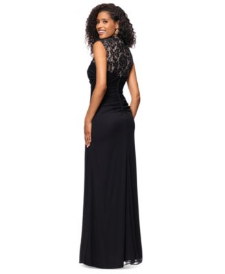 Betsy & Adam Petite Lace Trim Ruched Sleeveless Gown