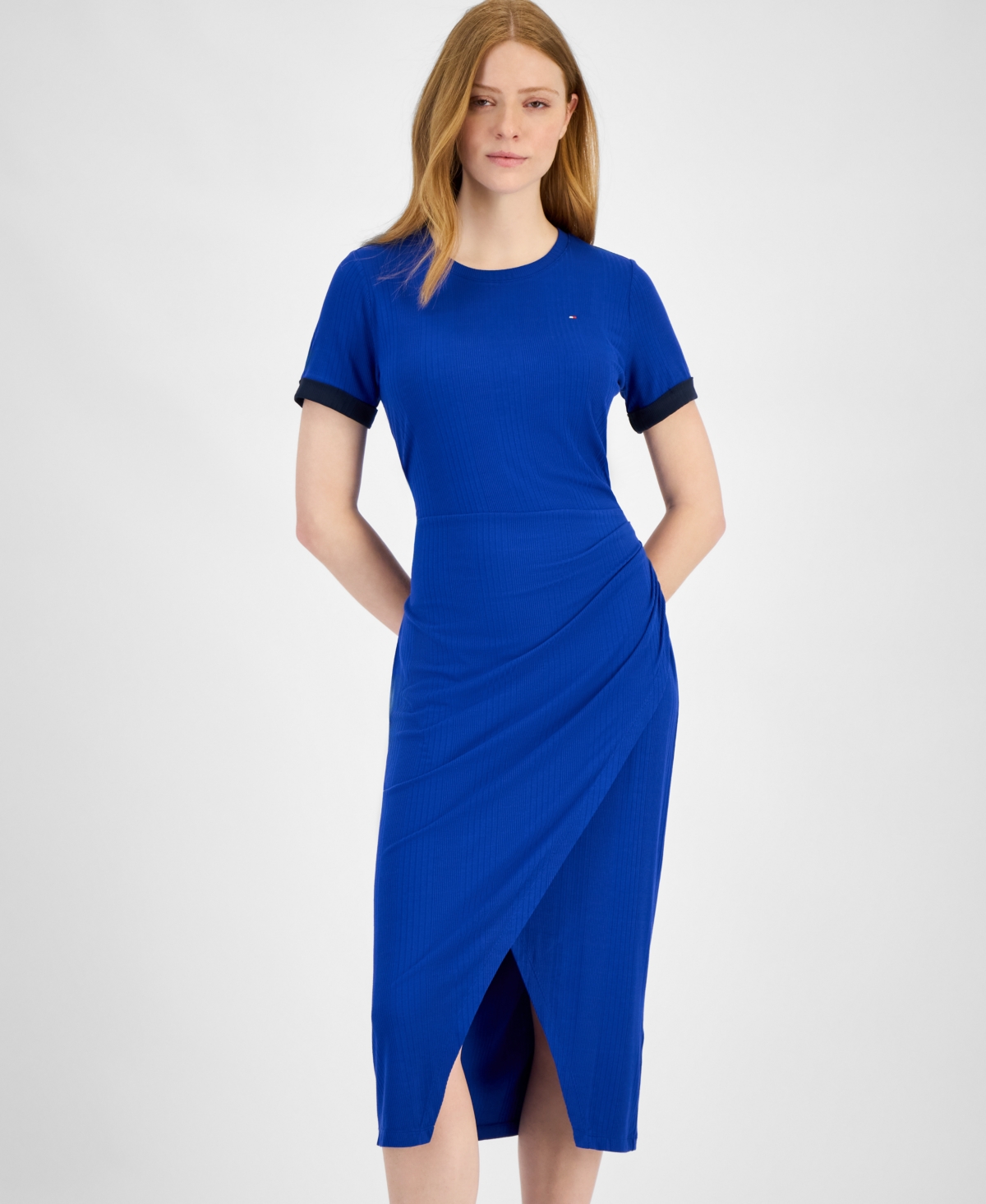 Tommy Hilfiger Women's Ribbed Faux-wrap Midi Dress