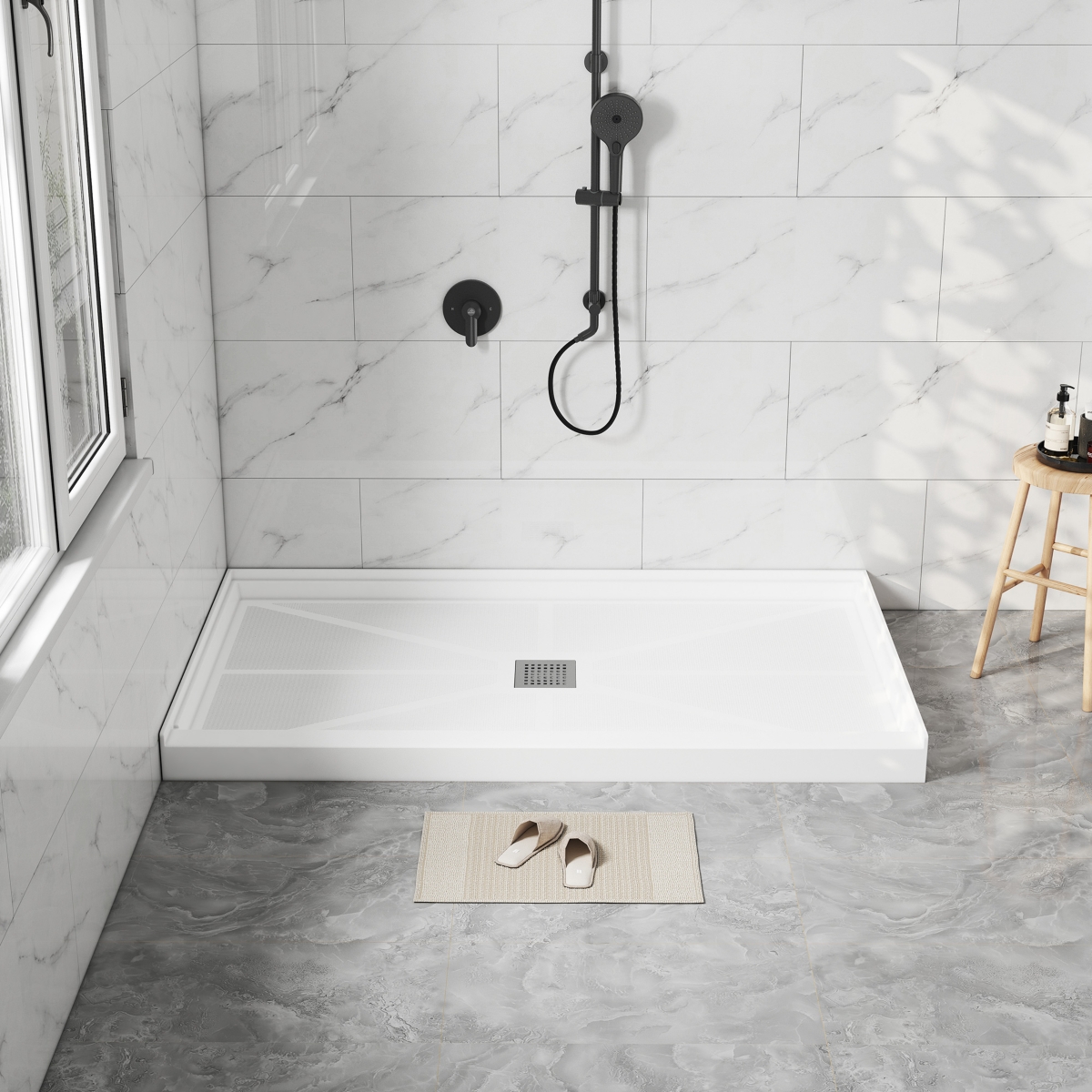 60"W X 32"D Solid Surface Single Threshold Shower Base Anti-Slip Shower Pan, Drain Assembly & Drain Cover Included - White