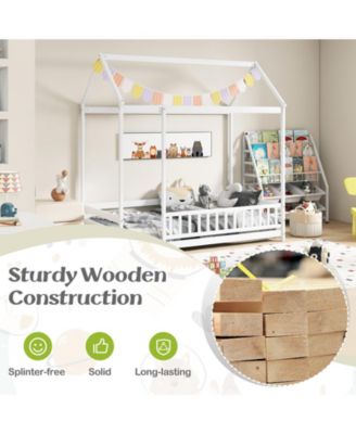 Twin Size Kids House Bed Wooden Floor Bed with Roof and Full-length Safety Guardrail