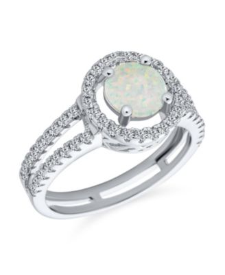 Pave CZ Halo Circle 3CT Round Solitaire Created White Opal Promise Ring With Split Shank Band & Side Stone Accent .925 Sterling Silver