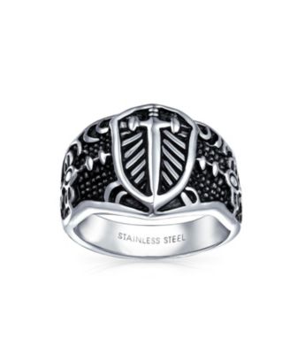 Religious Viking Shield Maltase Fleur De Lis Cross Signet Band Ring Oxidized Silver Tone Stainless Steel