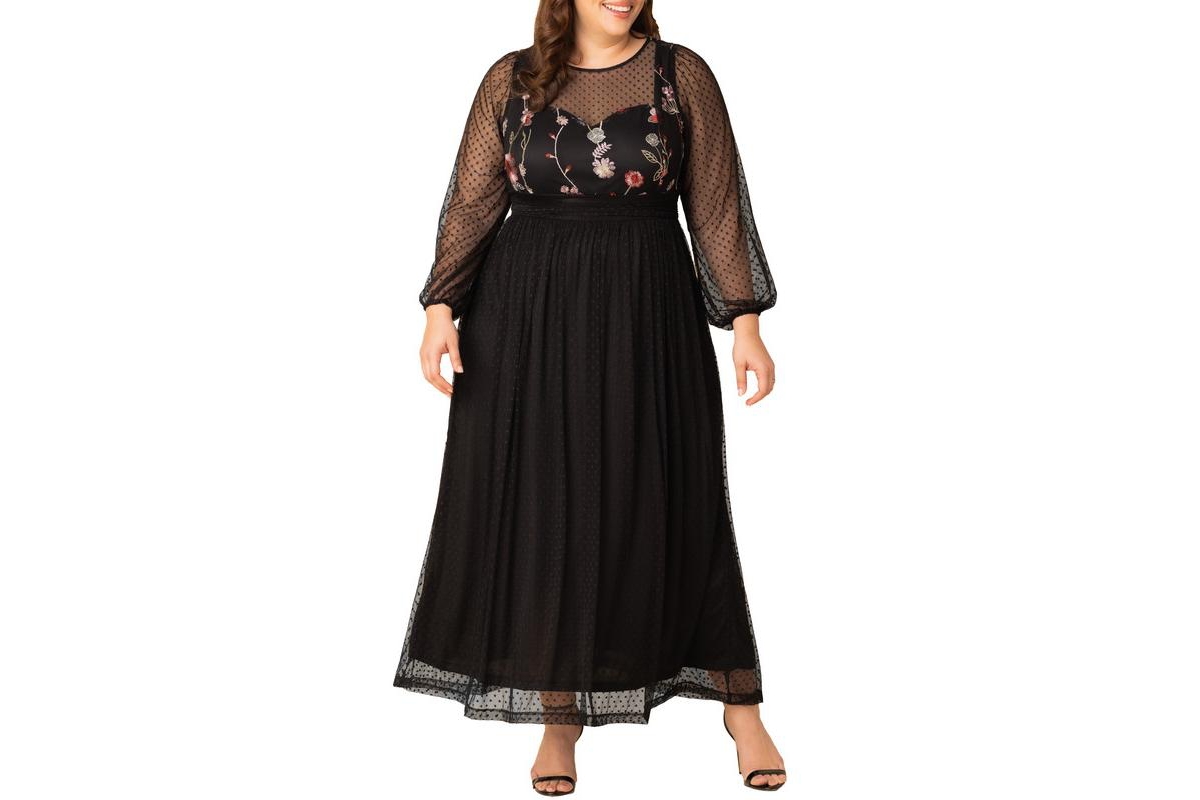 Plus Size Mystique Mixed Media Evening Gown - Bordeaux blooms