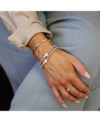 4mm Sterling Silver Ball and Single Mother of Pearl Cross Stretch Bracelet