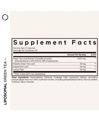 Liposomal Green Tea+ EGCG 50% Green Tea Extract, Matcha Green Tea Powder, Peppermint Leaf, Lemon Peel, Green Tea Pils Supplement, 60 Capsules