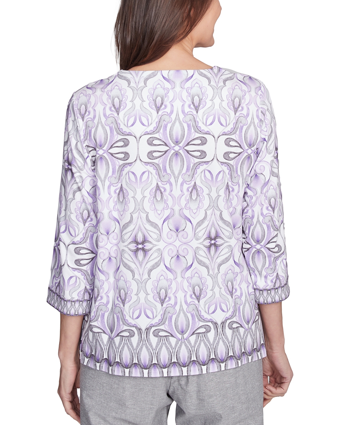 Alfred Dunner Petite Crystal Springs Border Medallion Kaleidoscope Top In Lilac Multi