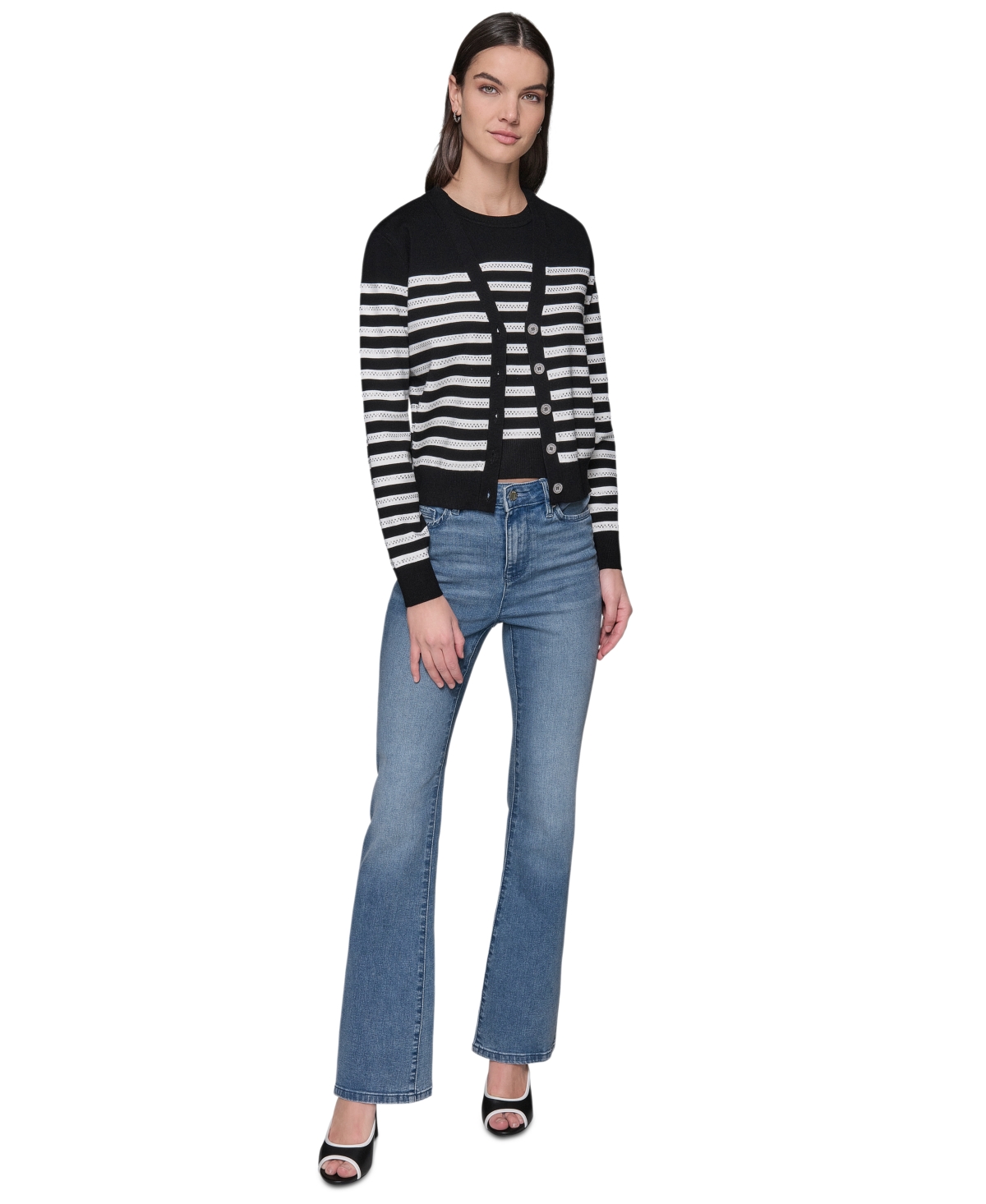 Karl Lagerfeld Women's Striped Crystal-button Cardigan In Black,soft White