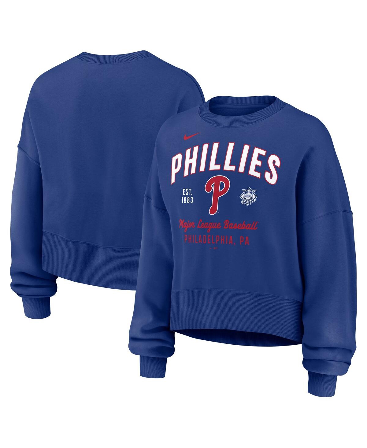 Nike Women's Royal Philadelphia Phillies Oversized Long Sleeve Cropped Pullover Sweatshirt In Royal,navy