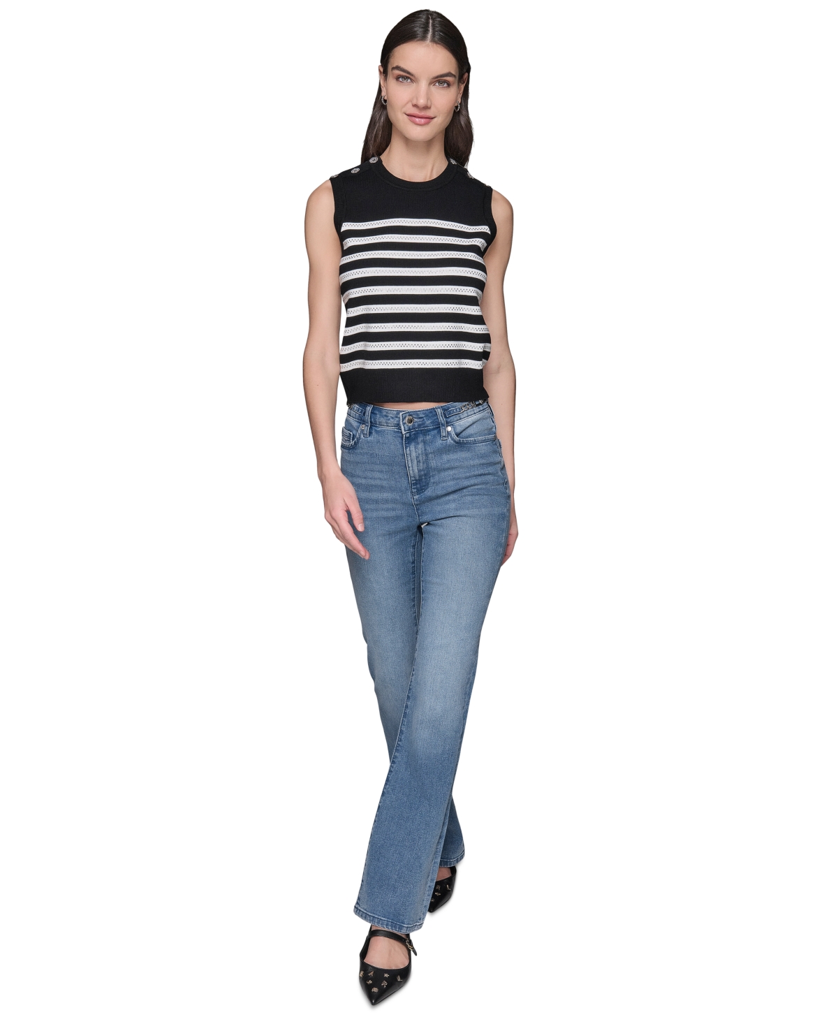 Karl Lagerfeld Women's Striped Crystal-button Sleeveless Sweater In Black  Soft White