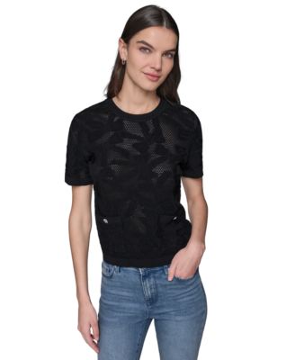 KARL LAGERFELD PARIS - Women's Mixed-Stitch Short-Sleeve Sweater