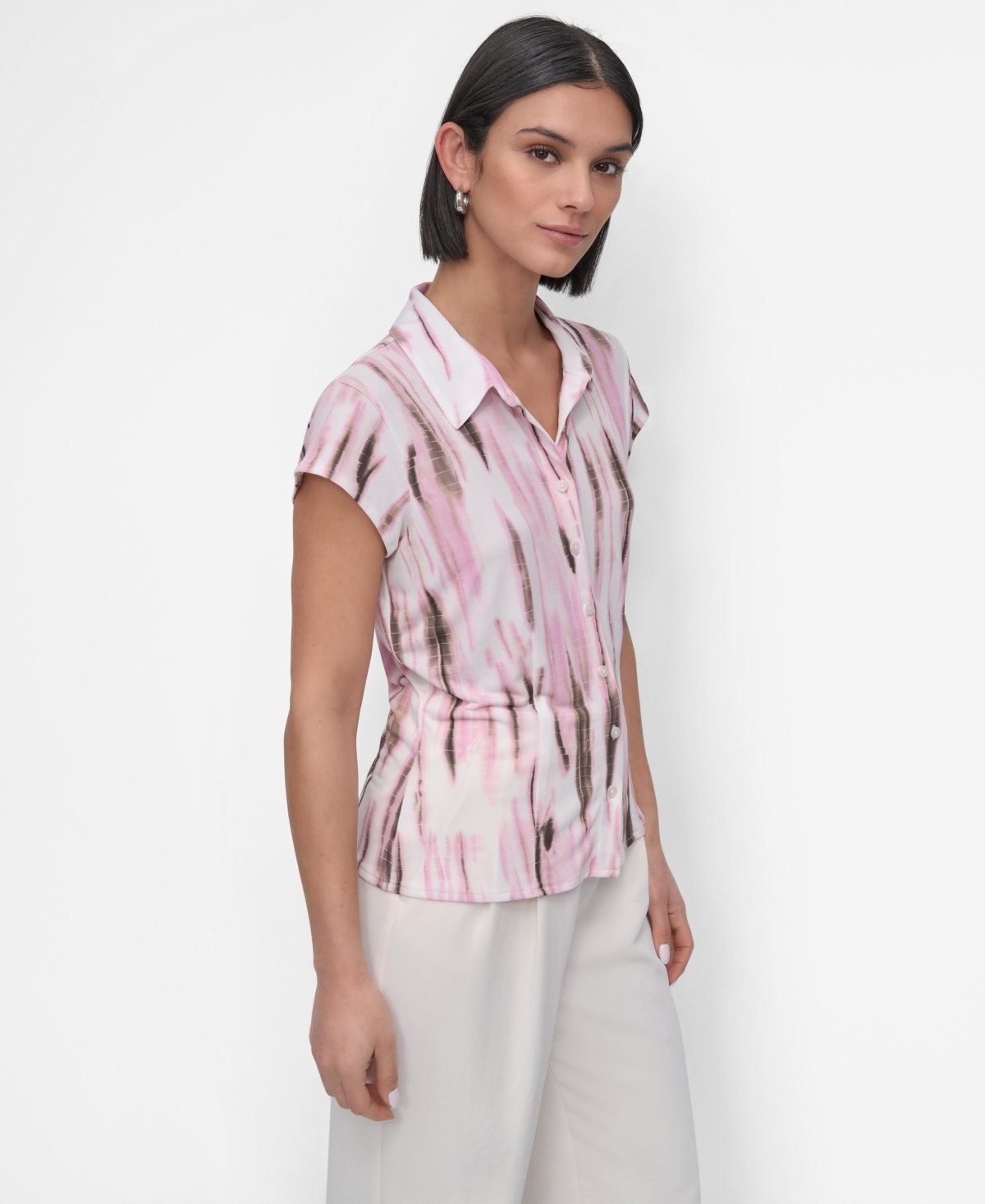 Dkny Petite Printed Knit Cap-sleeve Shirt In Pink