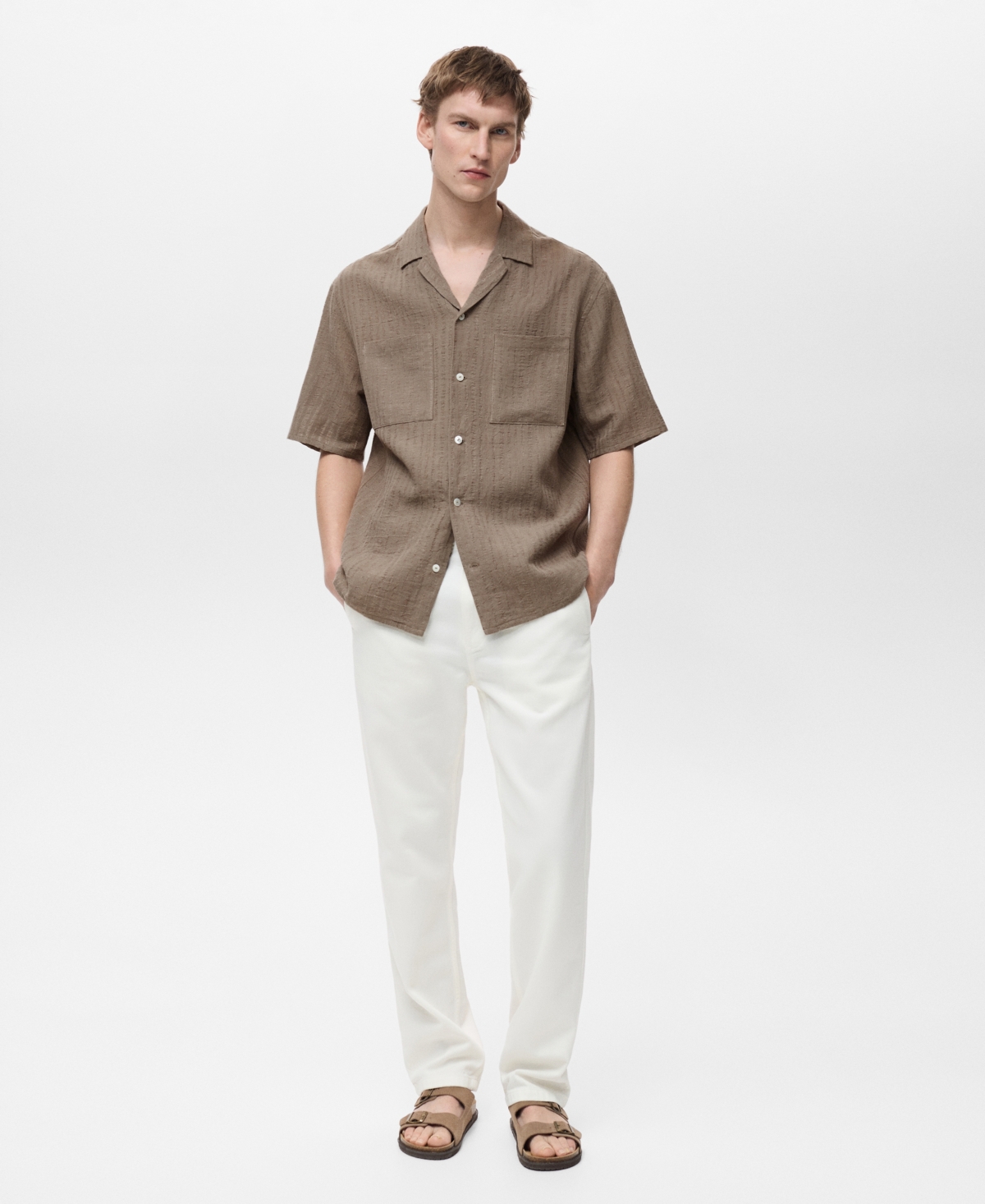Mango Men's Slim-fit Cotton-blend Shirt In Khaki