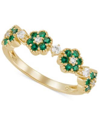 Macy's - Lab-Created Emerald (1/3 ct. t.w.) & Lab-Created White Sapphire (1/5 ct. t.w.) Flower Stack Ring in 14k Yellow Gold-Plated Sterling Silver