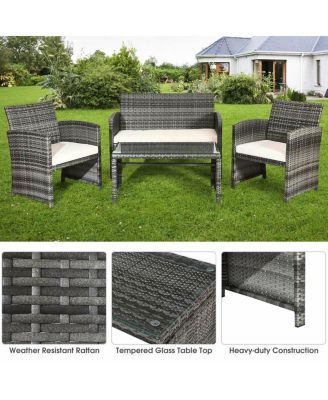 4PCS Patio Rattan Furniture Set Conversation Glass Table Top