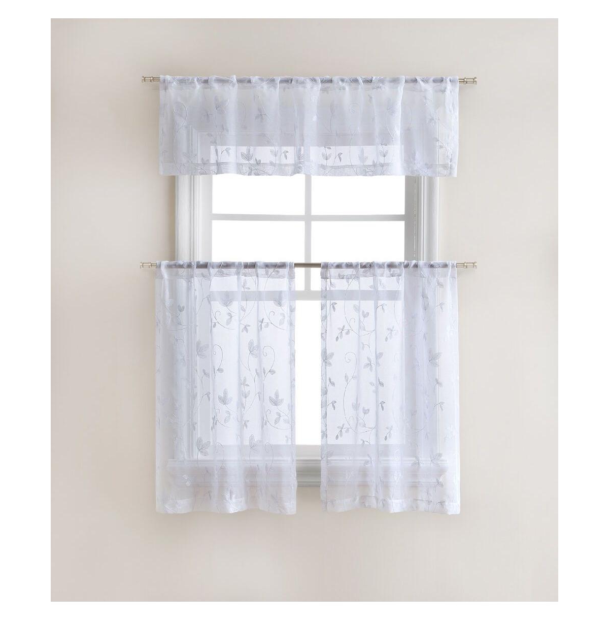 Floral Embroidered Sheer Rod Pocket Kitchen Curtain Tier & Valance Set - 58 in. W x 15 in. L, Aqua - Gray