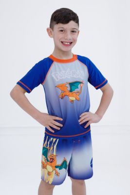 Boys Pikachu UPF 50+ Rash Guard Swim Trunks Outfit Set to