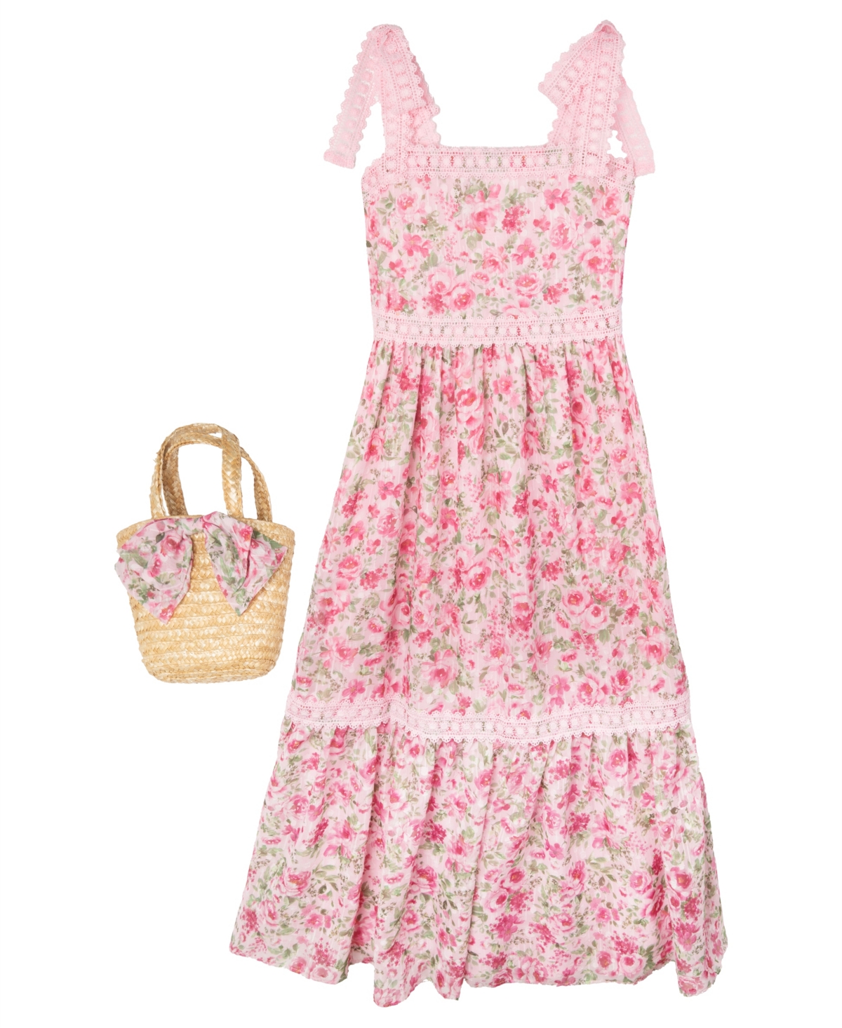 Rare Editions Big Girls 2-piece Floral And Crochet Trim Maxi With Bag In Pink