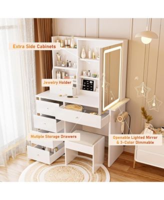 Vanity Desk with Sliding Mirror and LED Lights & Charging Station