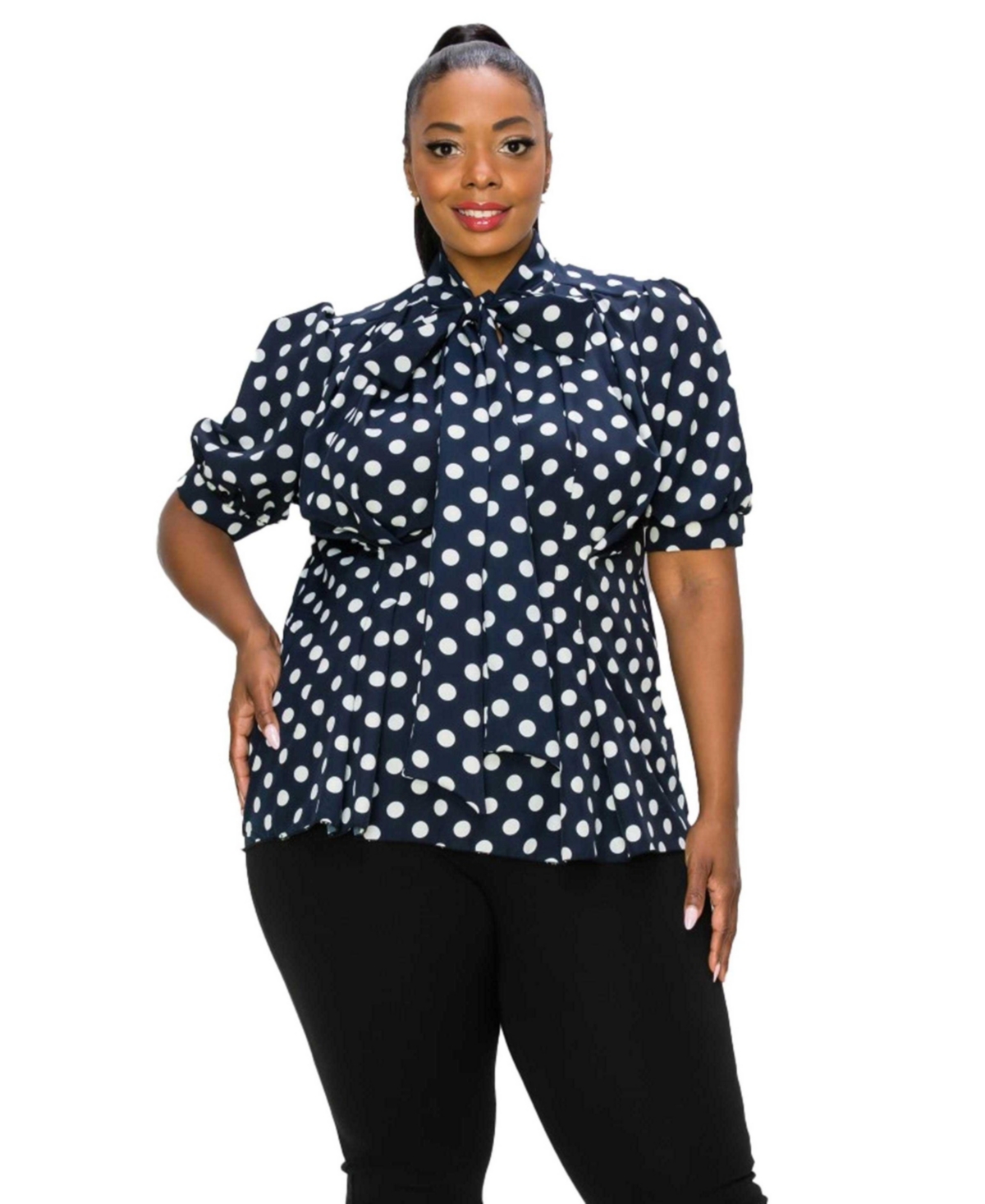 Plus Size Minnie Polka Dot Tie Neck Blouse - Navy