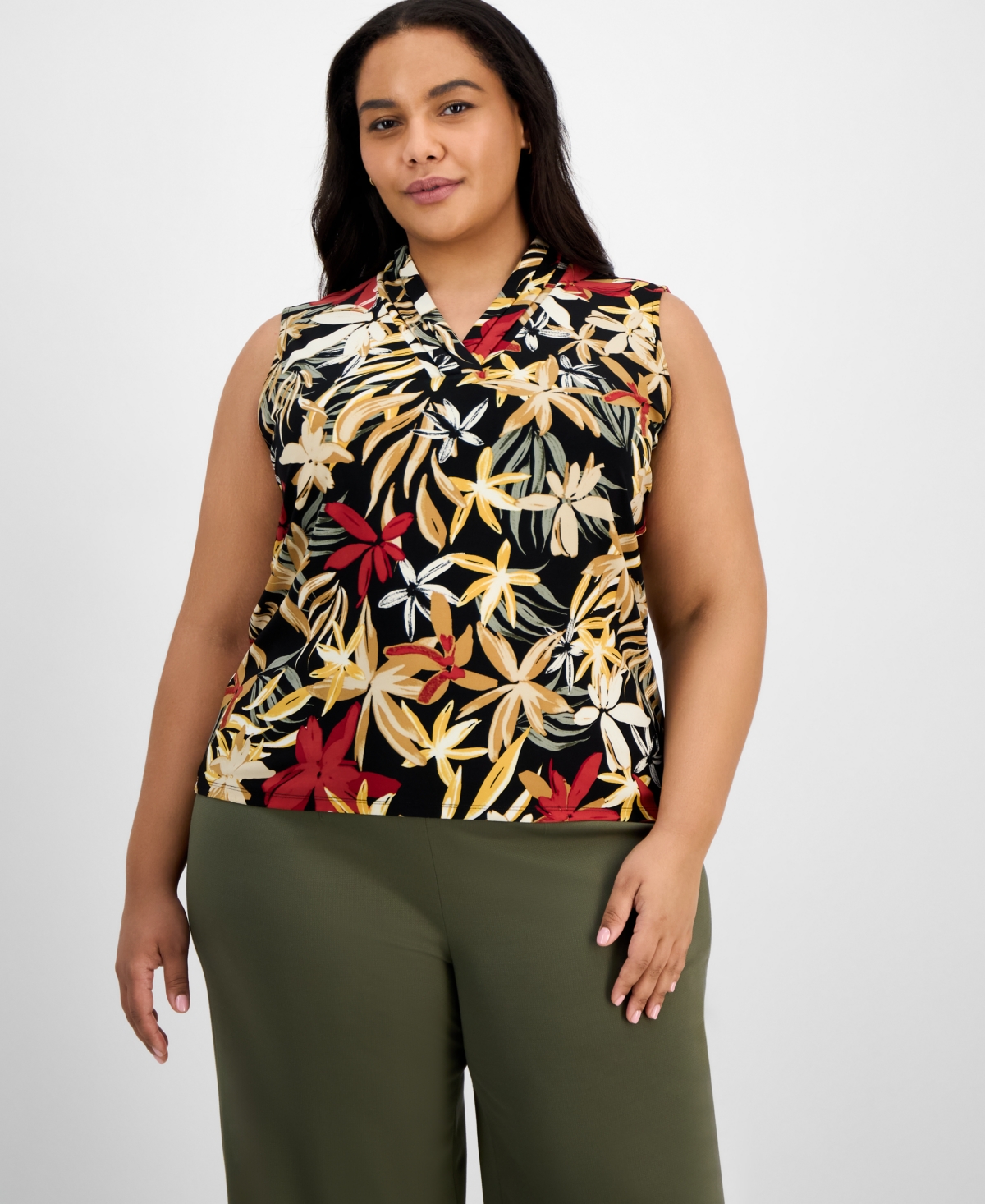 Anne Klein Plus Size Printed Triple-pleated V-neck Top