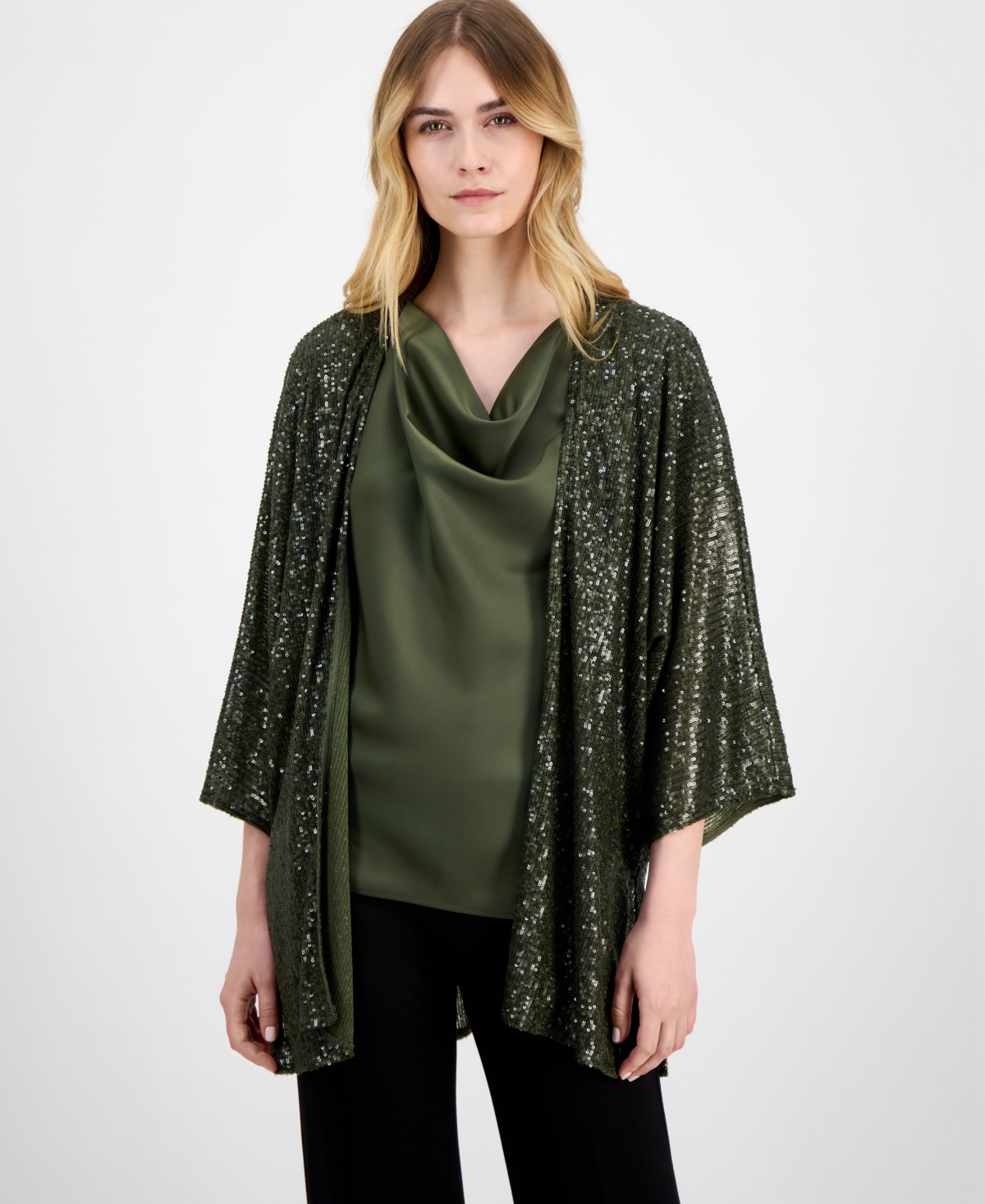 Anne Klein Women's Sequined Open-front Mesh Kimono Cardigan