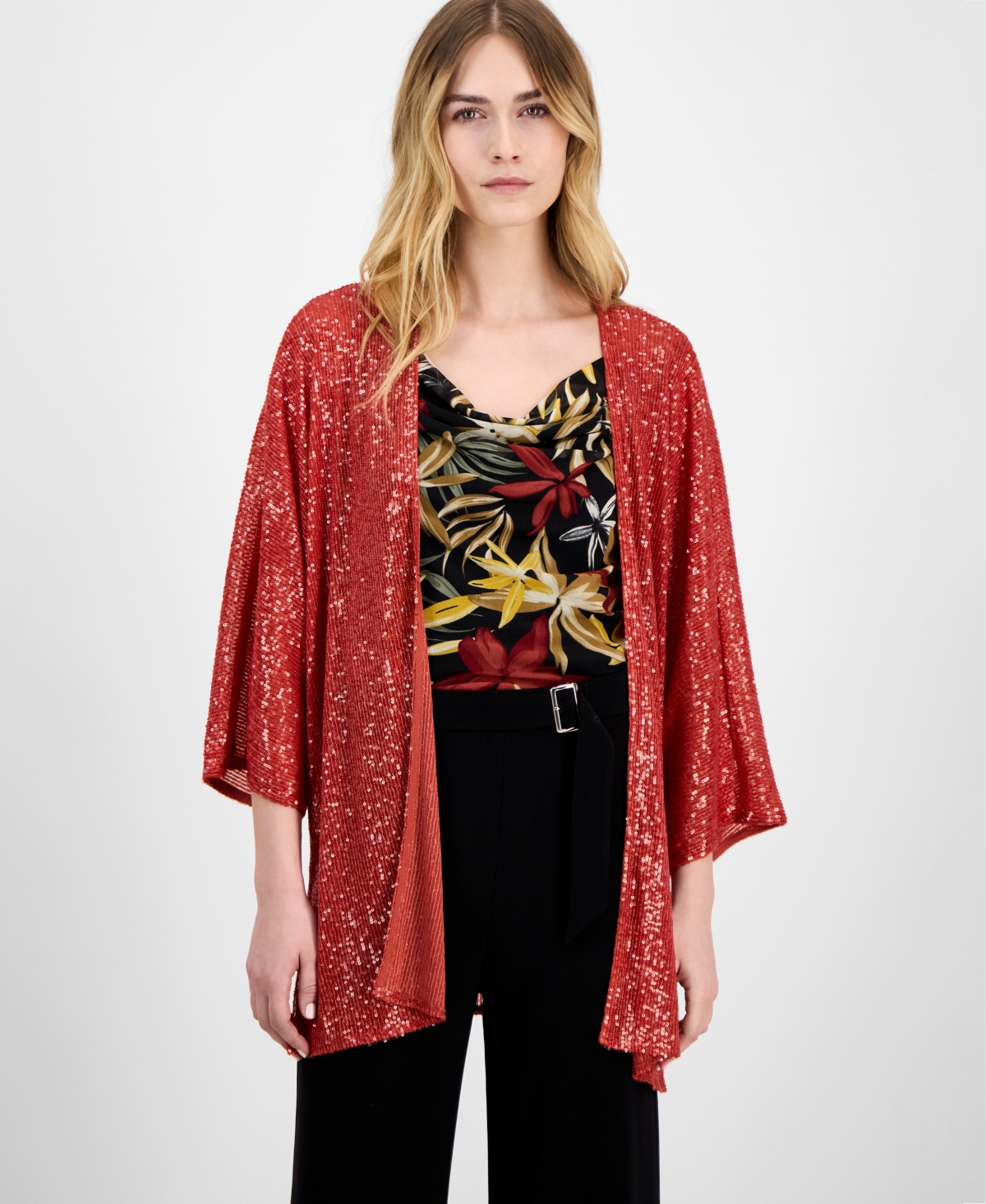 Shop Anne Klein Women's Sequined Open-front Mesh Kimono Cardigan