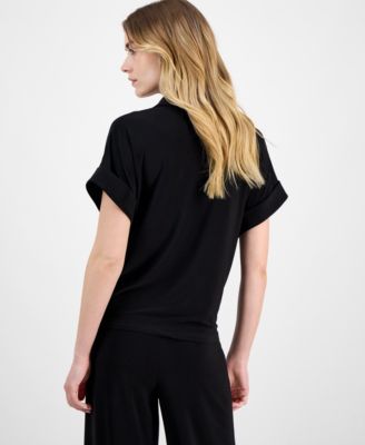 Women's Solid Twist-Front Button-Down Textured Crepe Knit Top