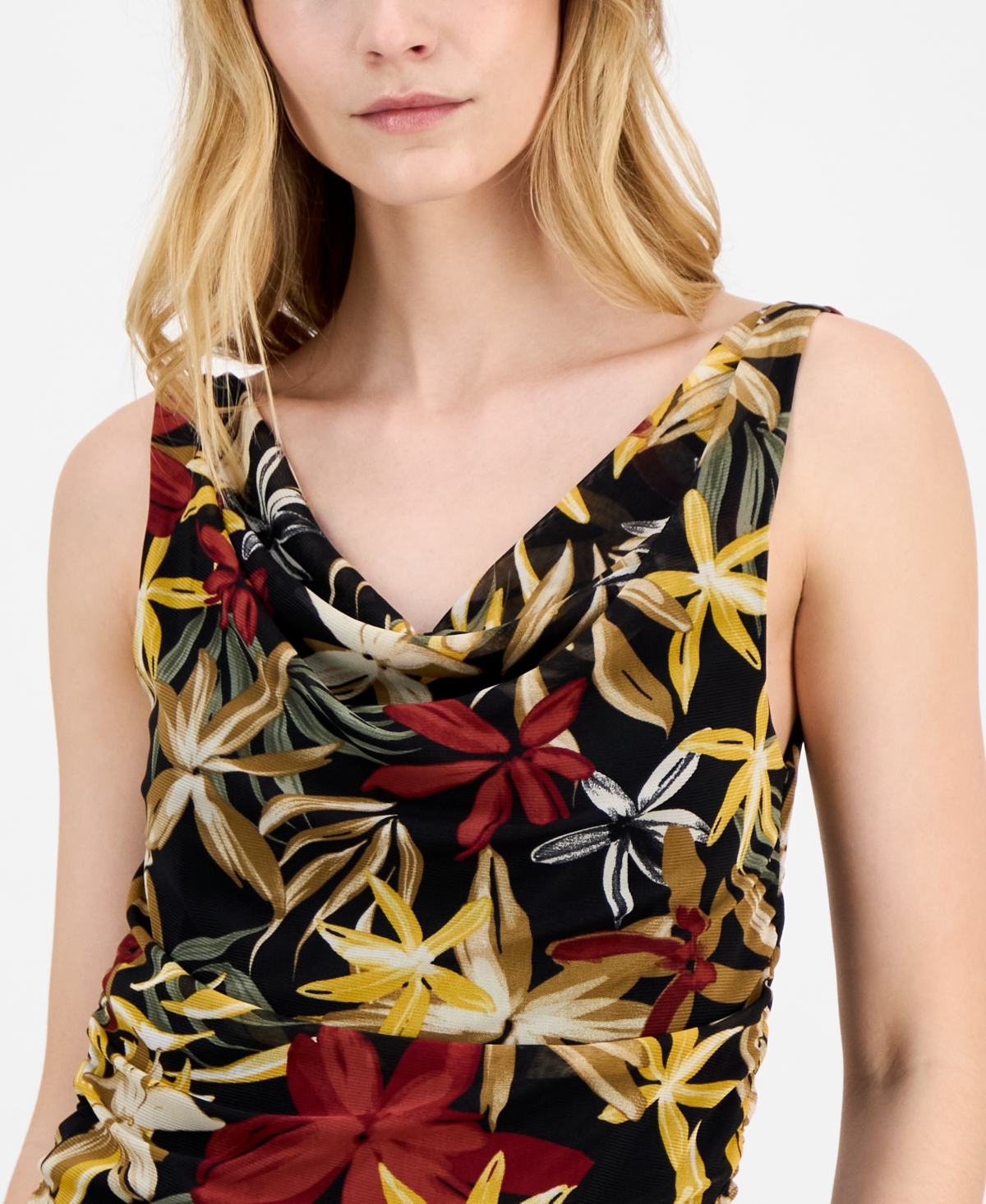 Anne Klein Floral Mesh Cowl Neck Tank In Multi