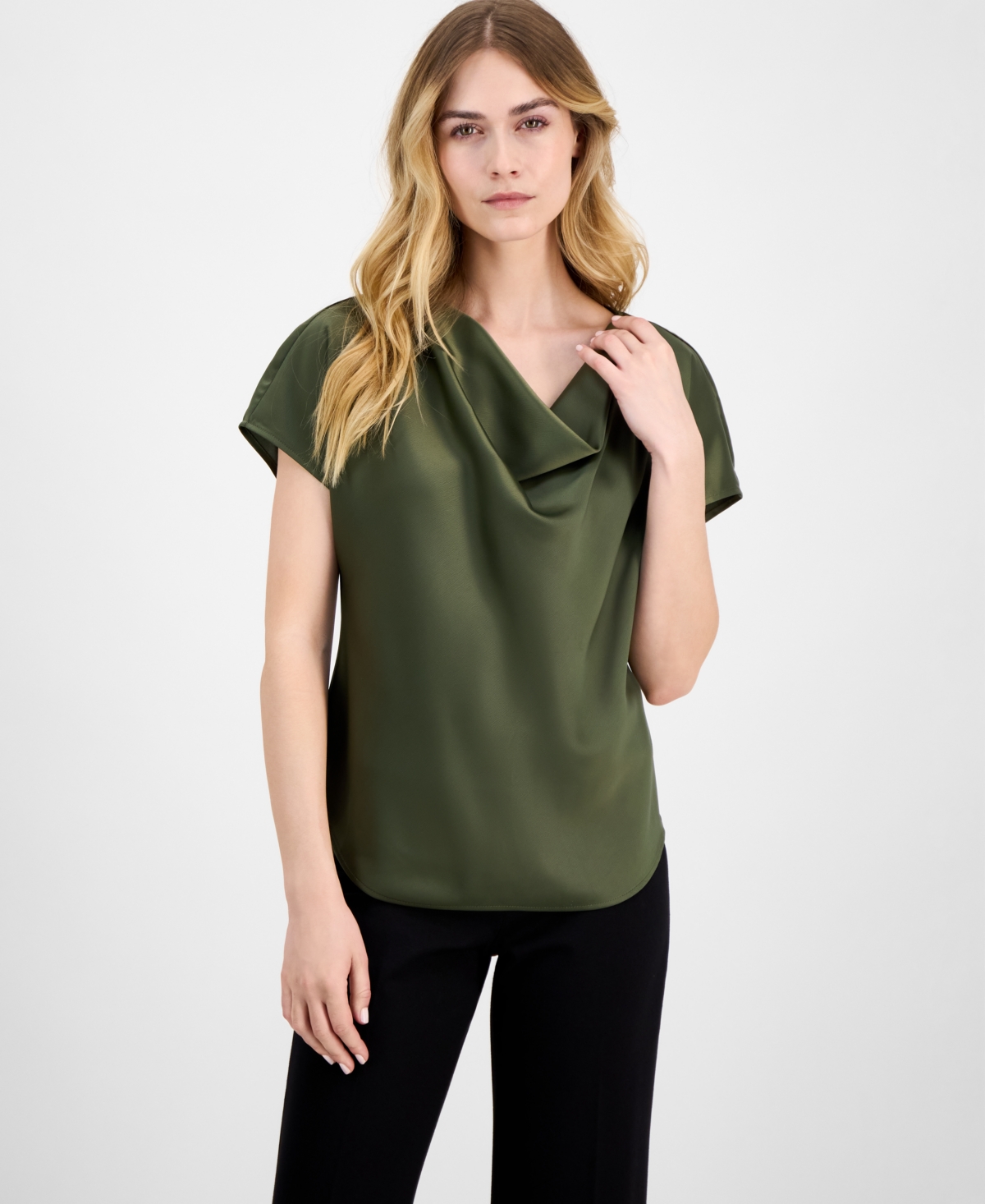 ANNE KLEIN WOMEN'S SOLID COWLNECK SHORT-SLEEVE BLOUSE 