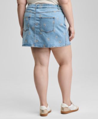 Trendy Plus Size Floral-Embroidered Denim Skirt, Exclusively at Macy's