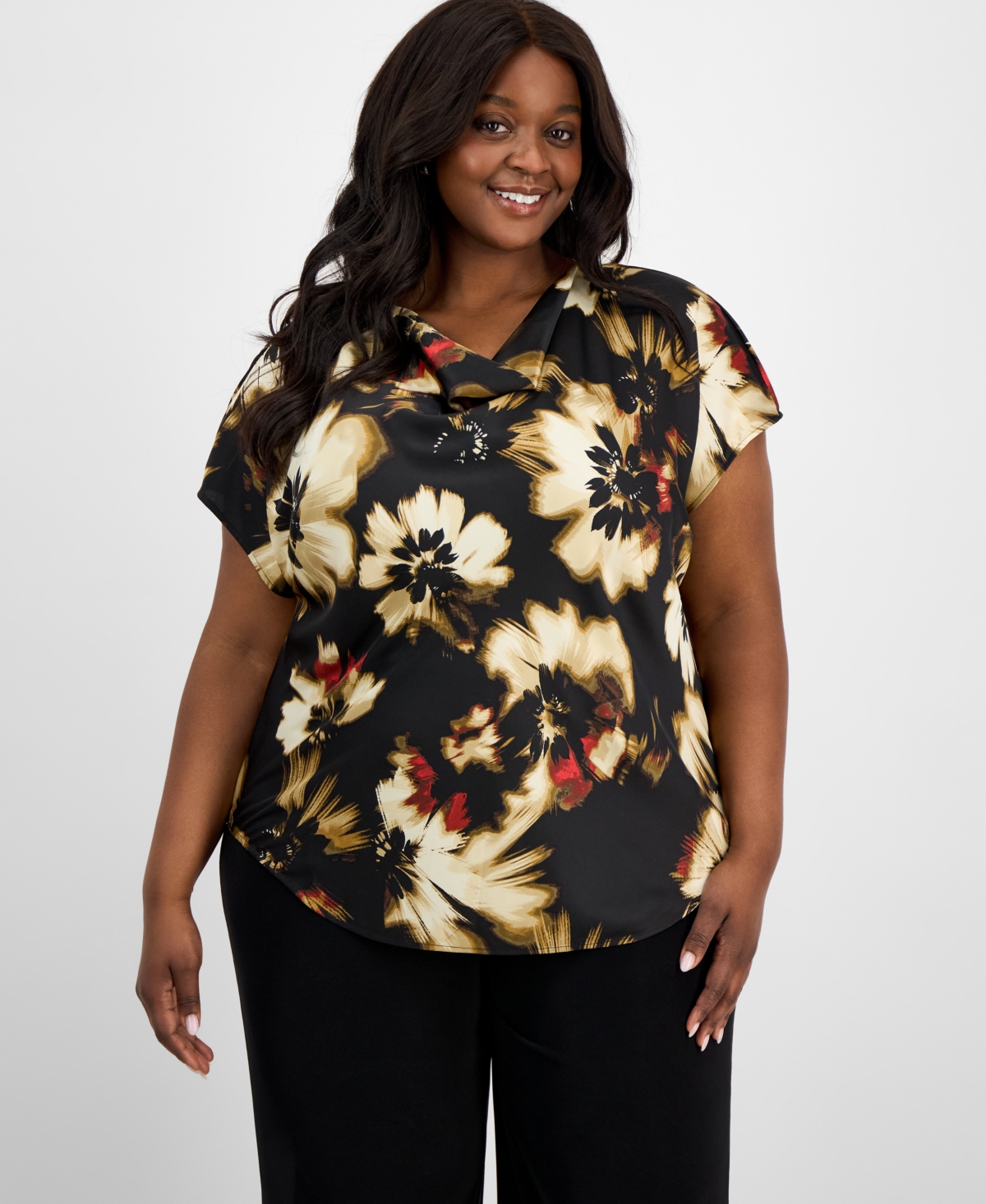 Plus Size Floral-Print Cap-Sleeve Top - Anne Black Multi