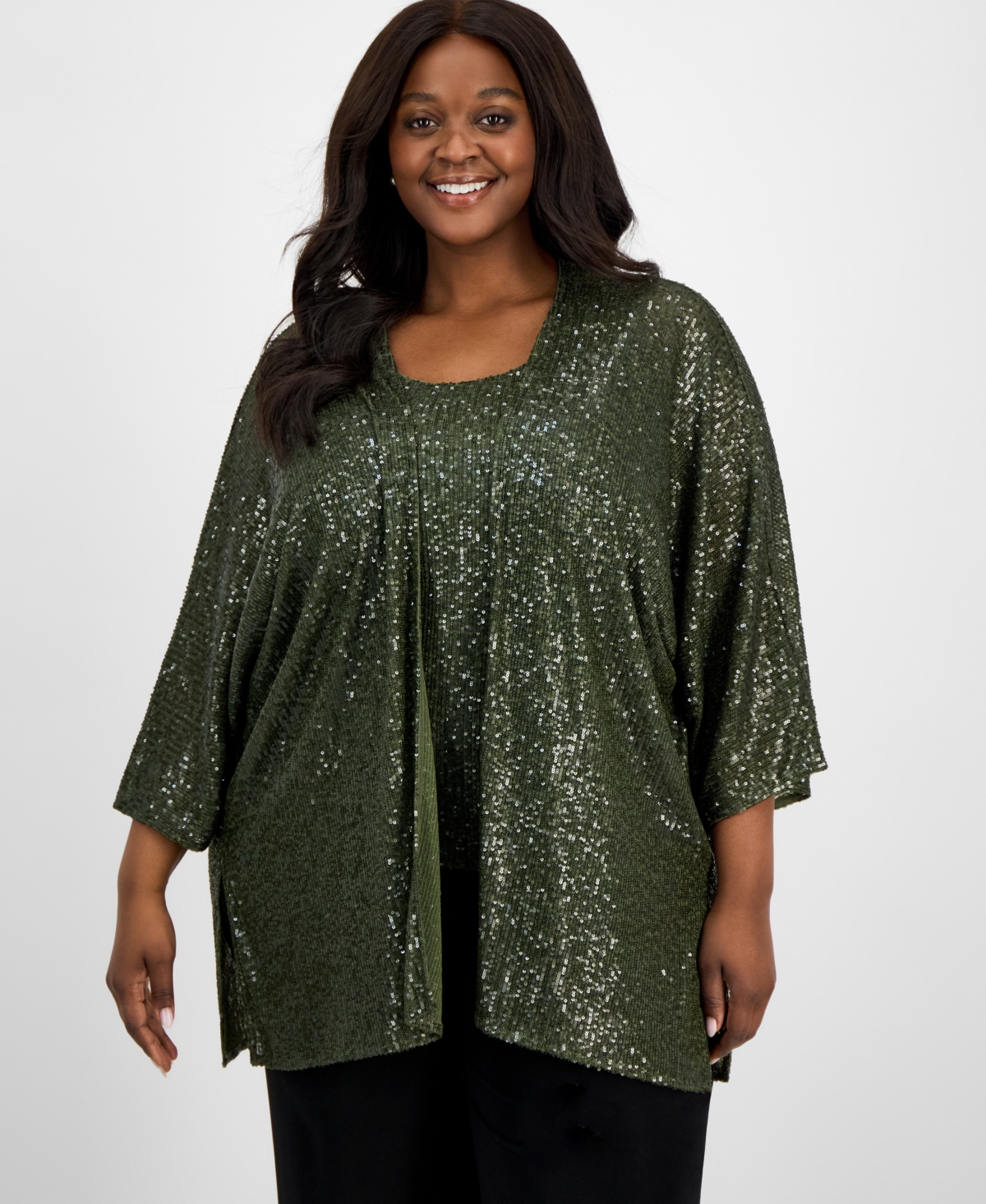 Anne Klein Sequin Draped Open Front Cardigan In Green