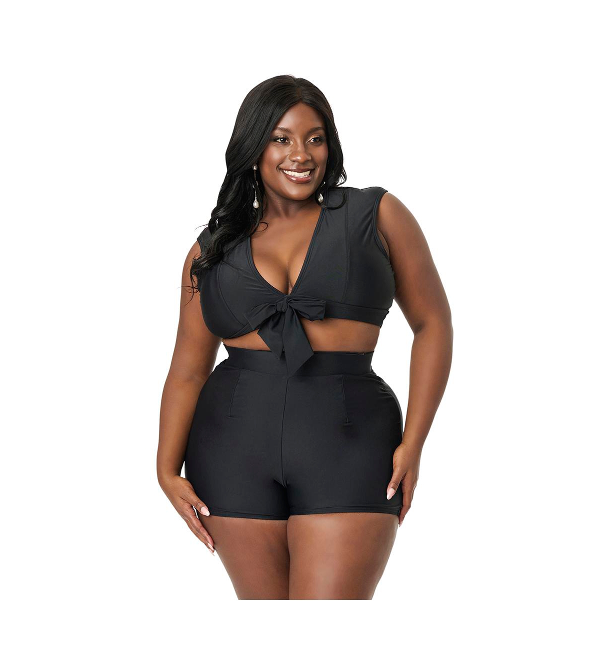 Plus Size Full Coverage Bow Swim Top - Black
