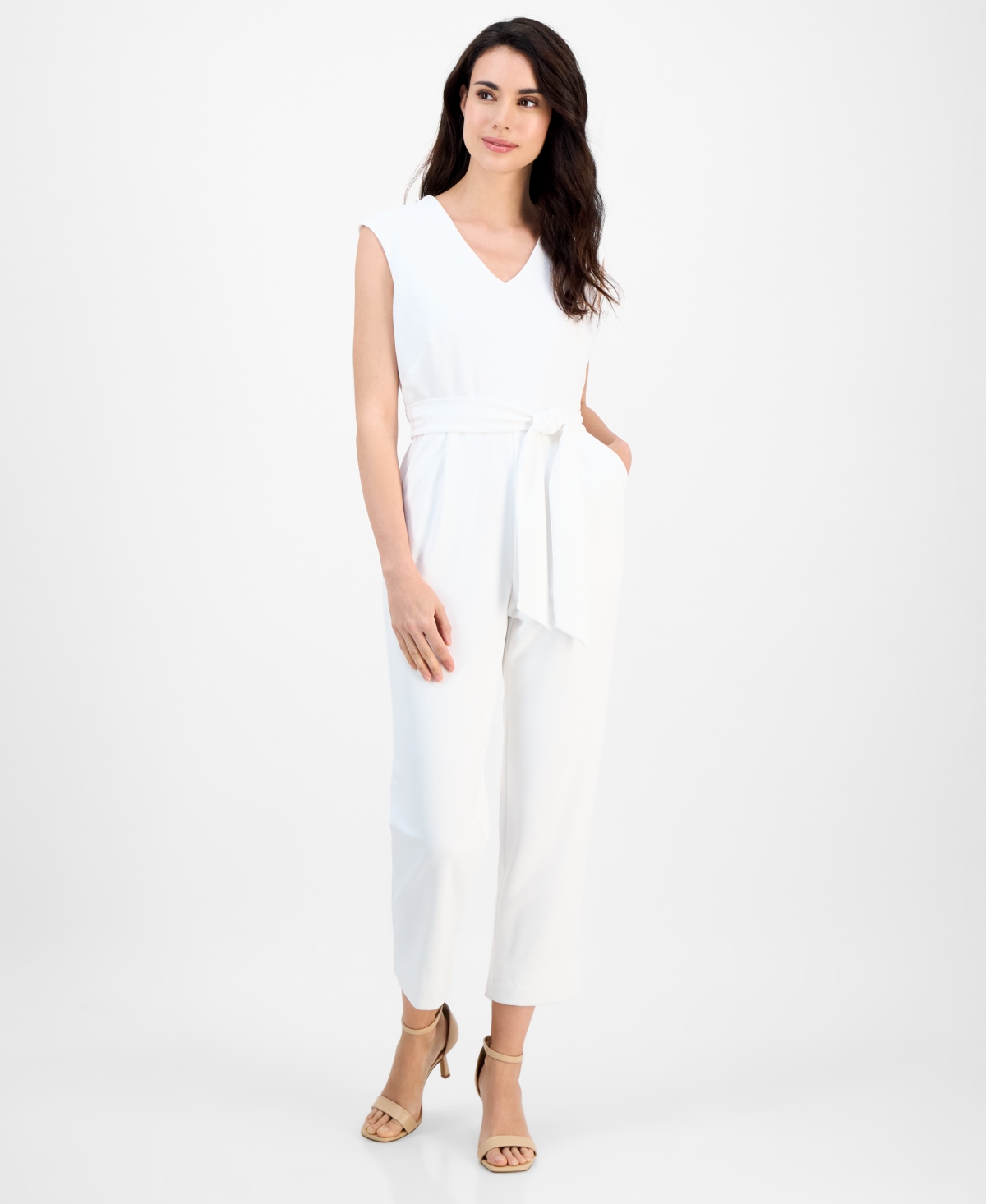 Ak Anne Klein Petite V-neck Extended-shoulder Cropped Jumpsuit