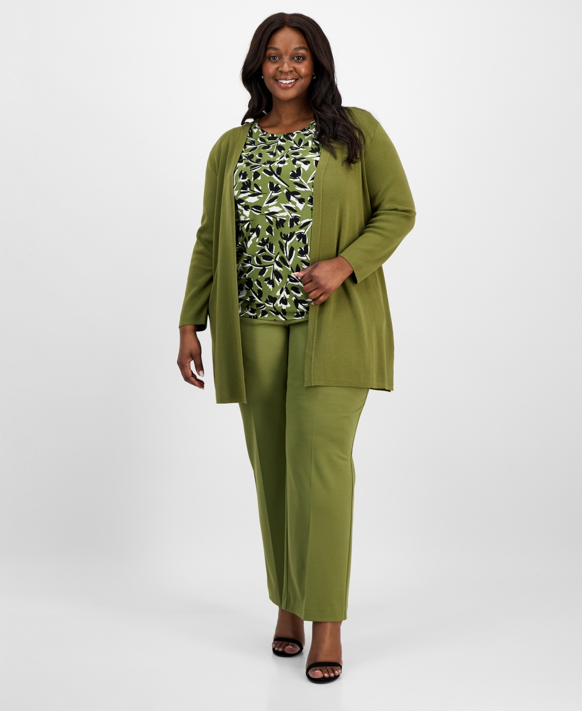 Ak Anne Klein Plus Size Open-front Side-slit Cardigan