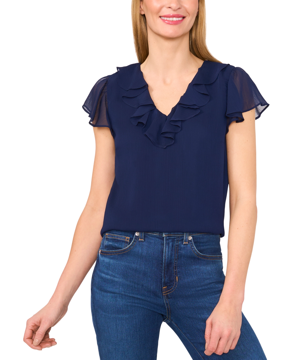 Cece Ruffle Trim Yoryu Top In Classic Navy