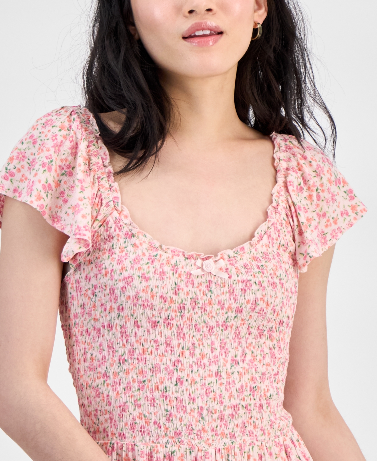 SELF ESTEEM JUNIORS' FLUTTER-SLEEVE SMOCKED RUFFLE-HEM ROMPER 