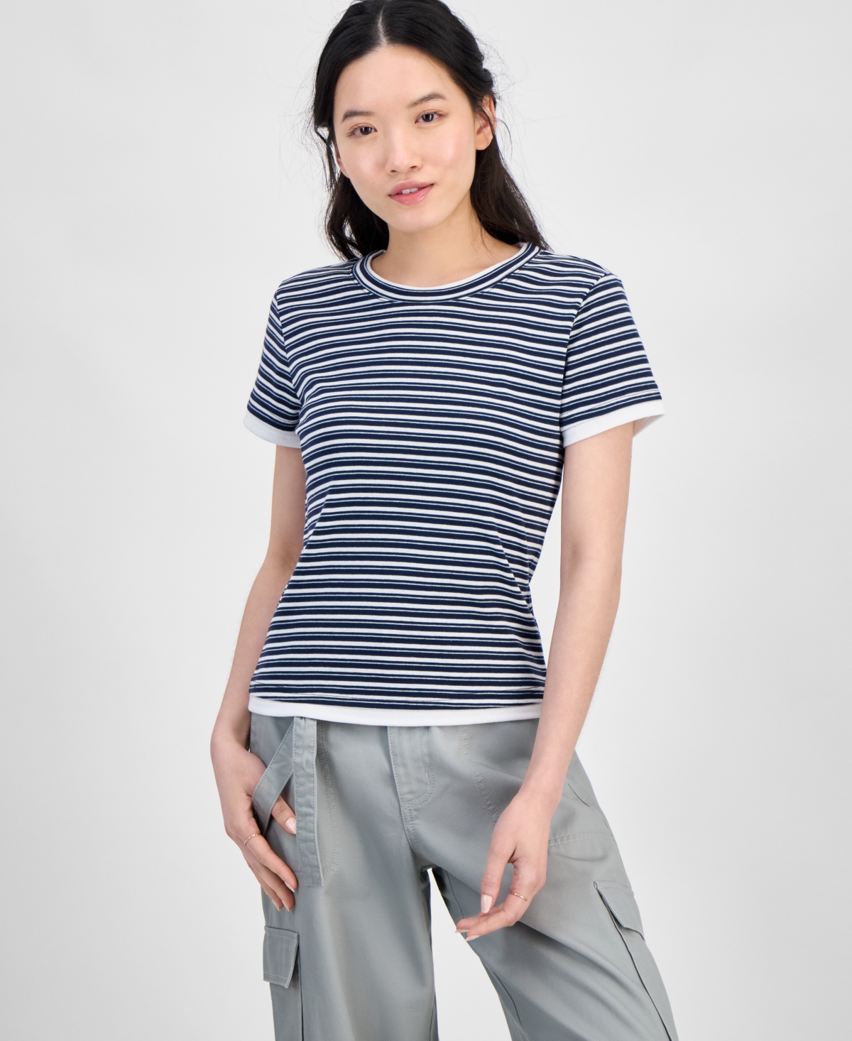 Juniors' Layered Look Striped T-Shirt - Navy Stripe