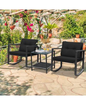 Set of 3 Rattan Patio Furniture Set Rocking Chair Set w/ Cushions Table