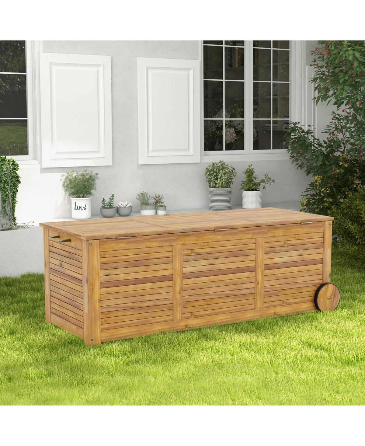 Rolling Patio Wooden Deck Box with 2 Wheels and Side Handle for Outdoor