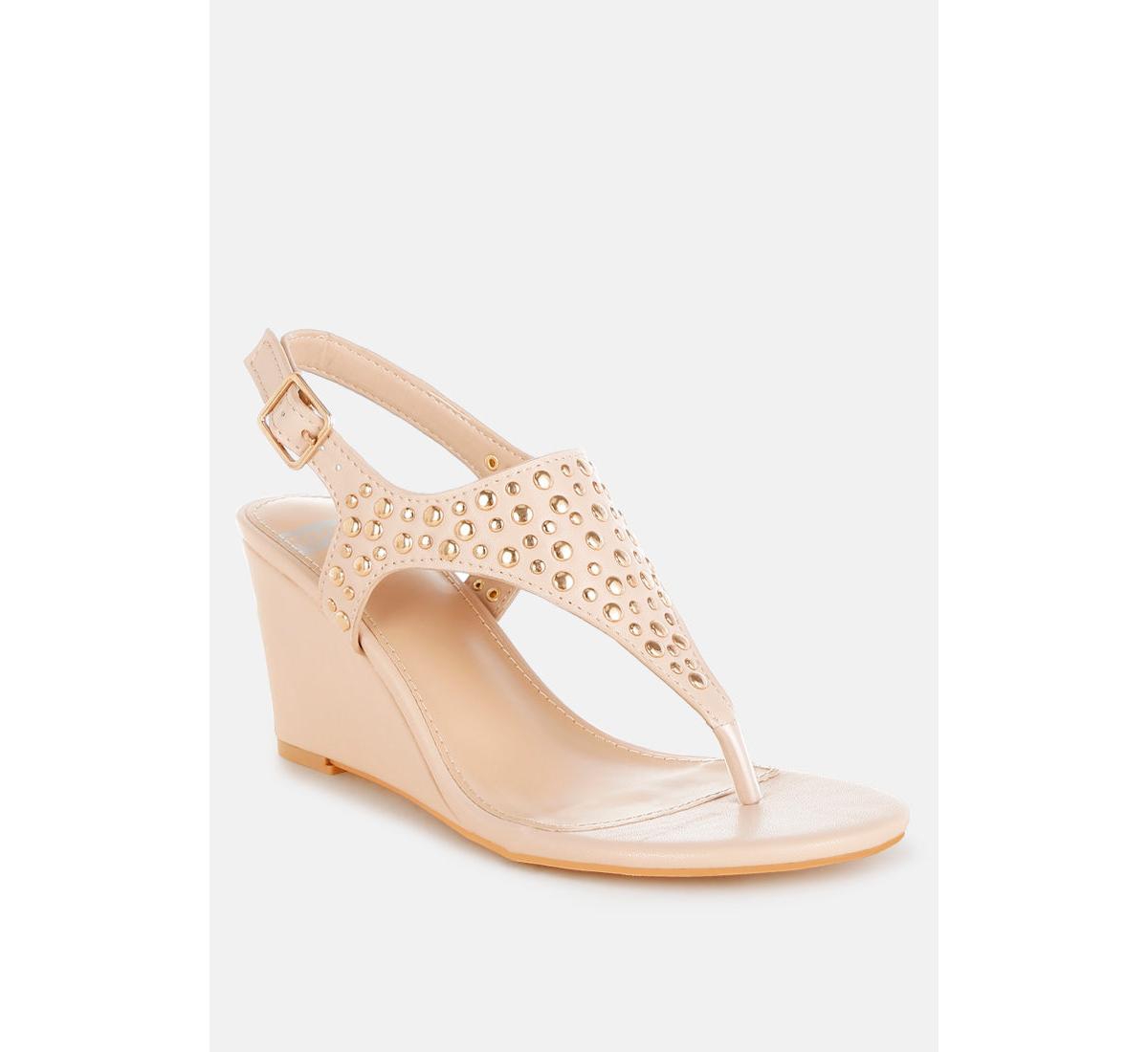 Sappho Studded Thong Toe Wedges - Beige