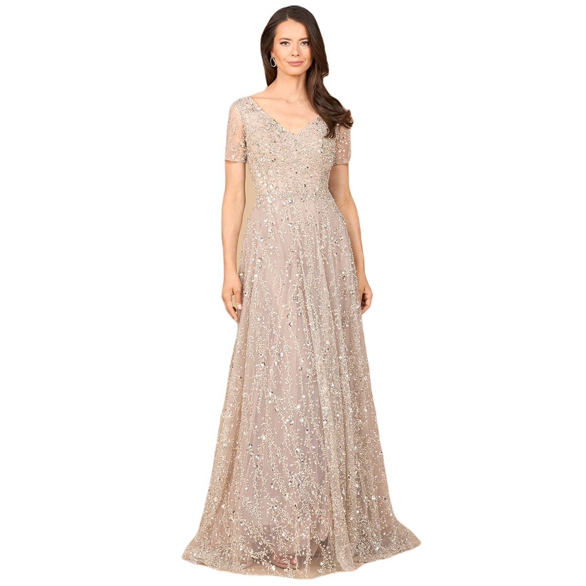 Women's Short Sleeve V-Neck Beaded Ballgown - Dusty blush