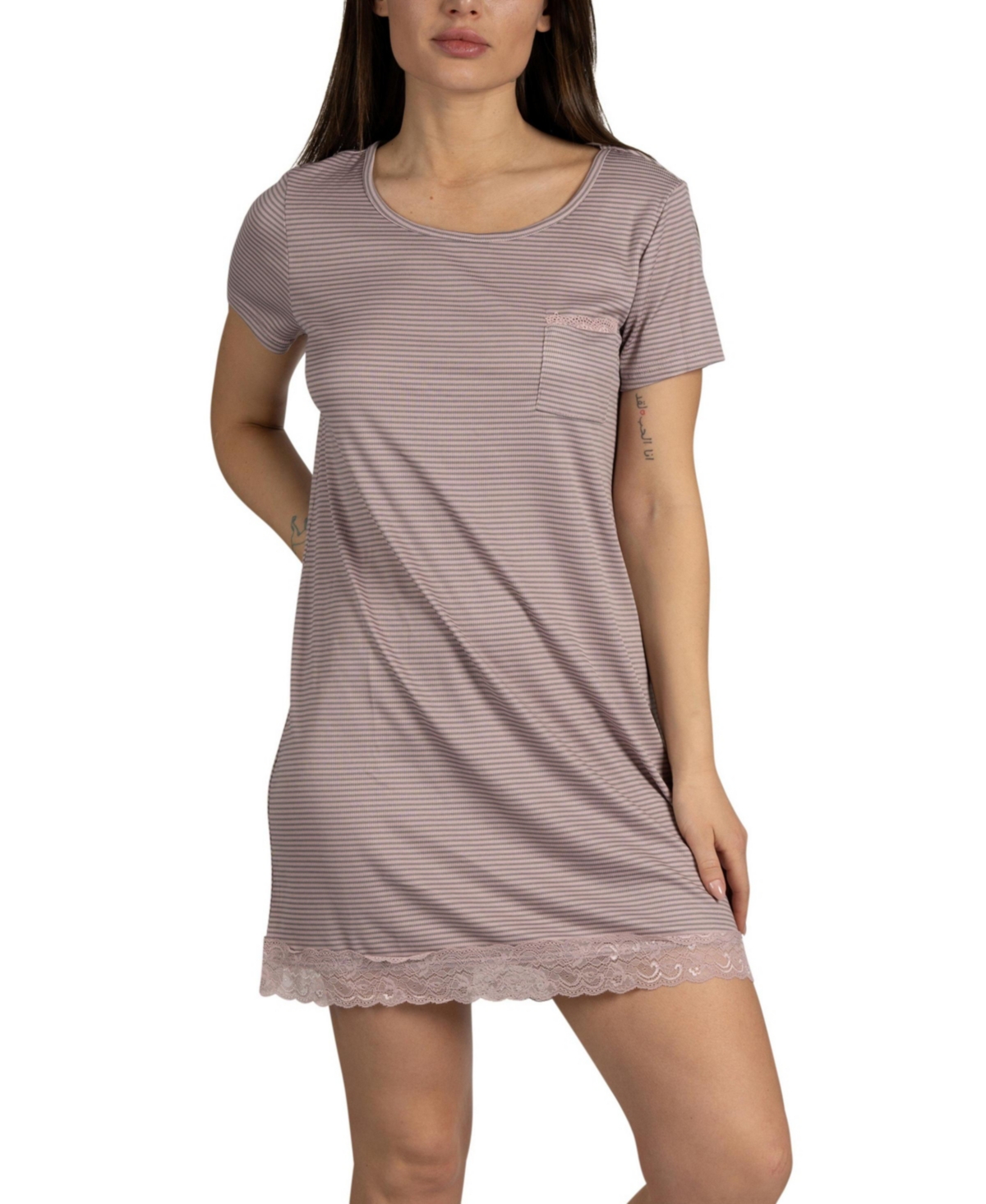 Women's Short Sleeve Ribbed Nightshirt with Scoop Neck and Lace Hem - Pink  grey mini stripe