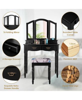 Simple Vanity Set with Tri-Folding Mirror Drawers and Storage Shelf