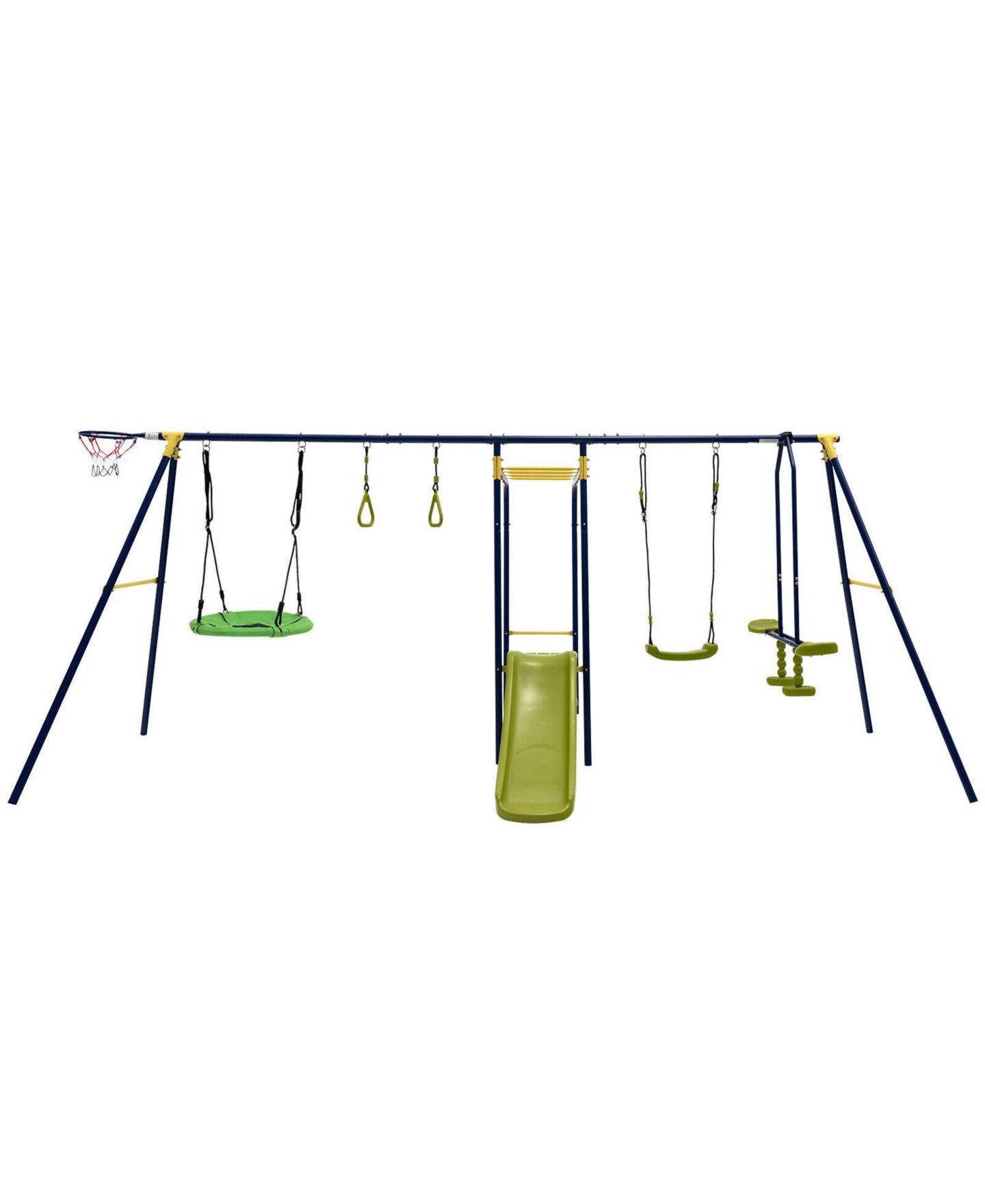 Детские игрушки HONGGE 7-in-1 A-Frame Metal Swing Set with Swing, Saucer, Glider, Slide, Gym Rings, Monkey Bar & Climbing Rope, Ages 3-10, цвет: Синий — фото 1